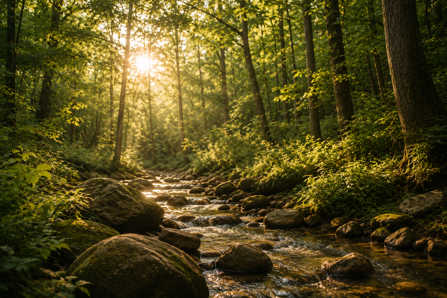 Sunlit forest clearing — calm and grounded